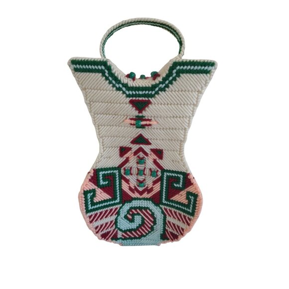 Handmade Needlepoint Southwest Style 11"x7"x2.5" Wedding Vase Decorative Vintage - Picture 1 of 7